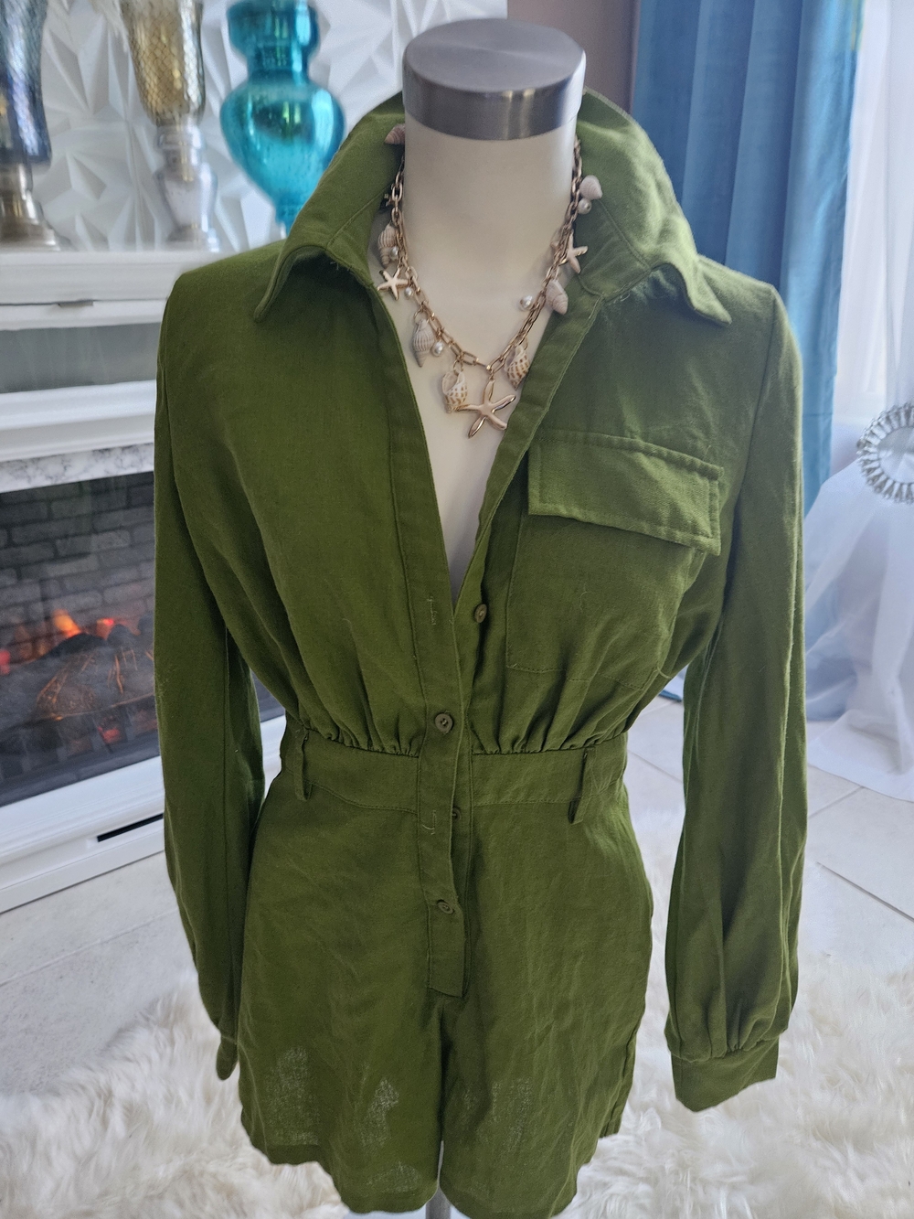 PrettyLittleThing Olive Green Long Sleeve Utility Romper